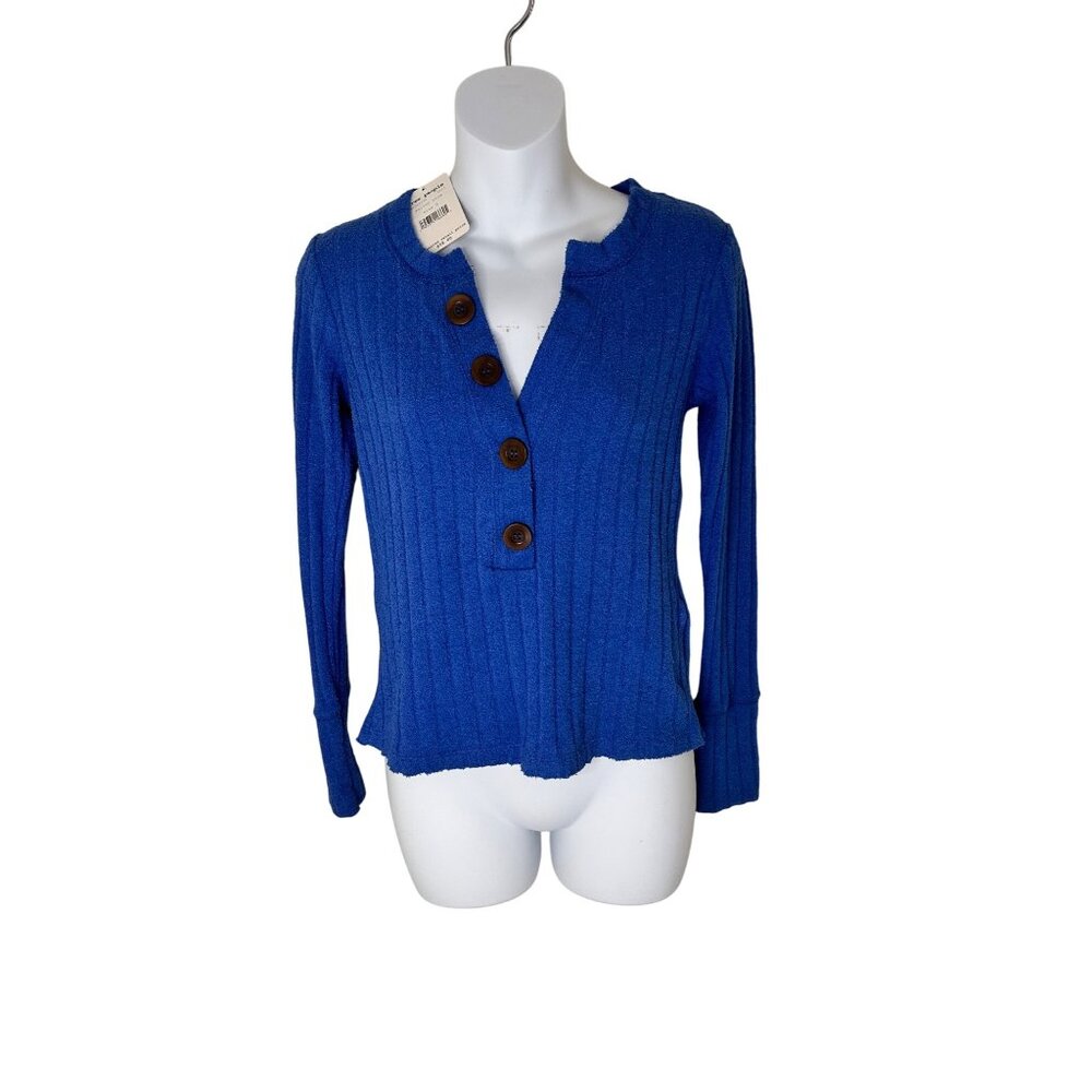 Free People Oliver Henley Blue Small Royal Blue V Neck Preppy Pullover